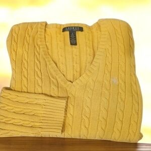 L-RL 100% Cotton Women's V-Neck Cable Knit Preppy Logo Sweater Yellow--S